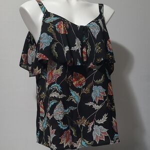 7TH AVENUE FLORAL BLACK/BLUE SLEEVELESS W/RUFFLE  BLOUSE SEMI SHEER SIZE  L